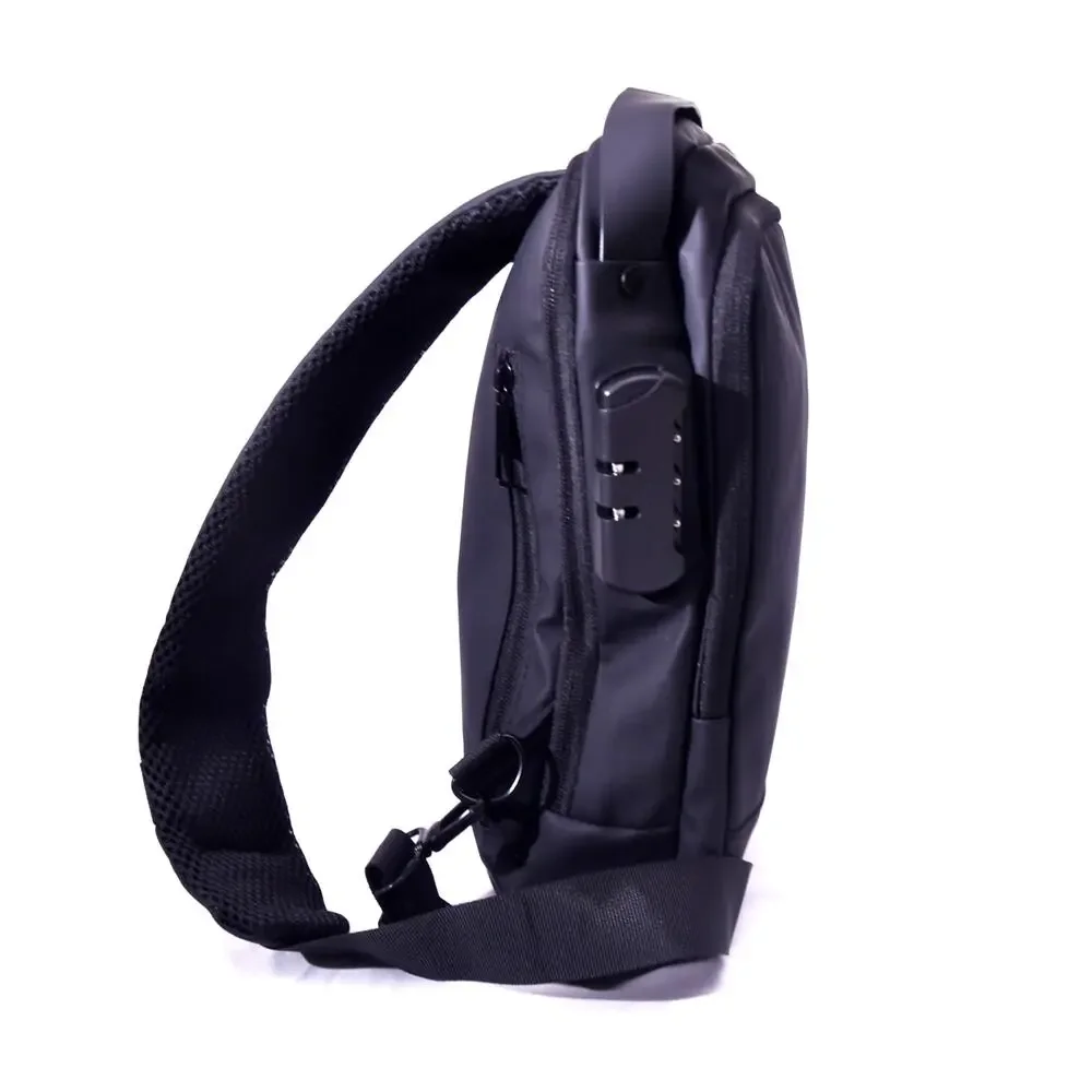Black Sling Crossbody Bag USB Charging Port Combination Lock Anti-Theft Travel